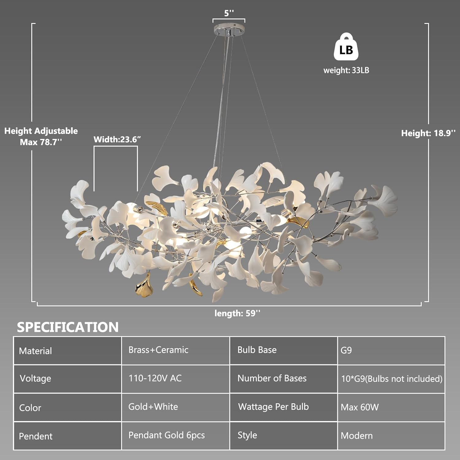 Silver Ginkgo Leaf Branch Chandelier – 59" Modern Brass Light - Silver59INCHBlushlighting