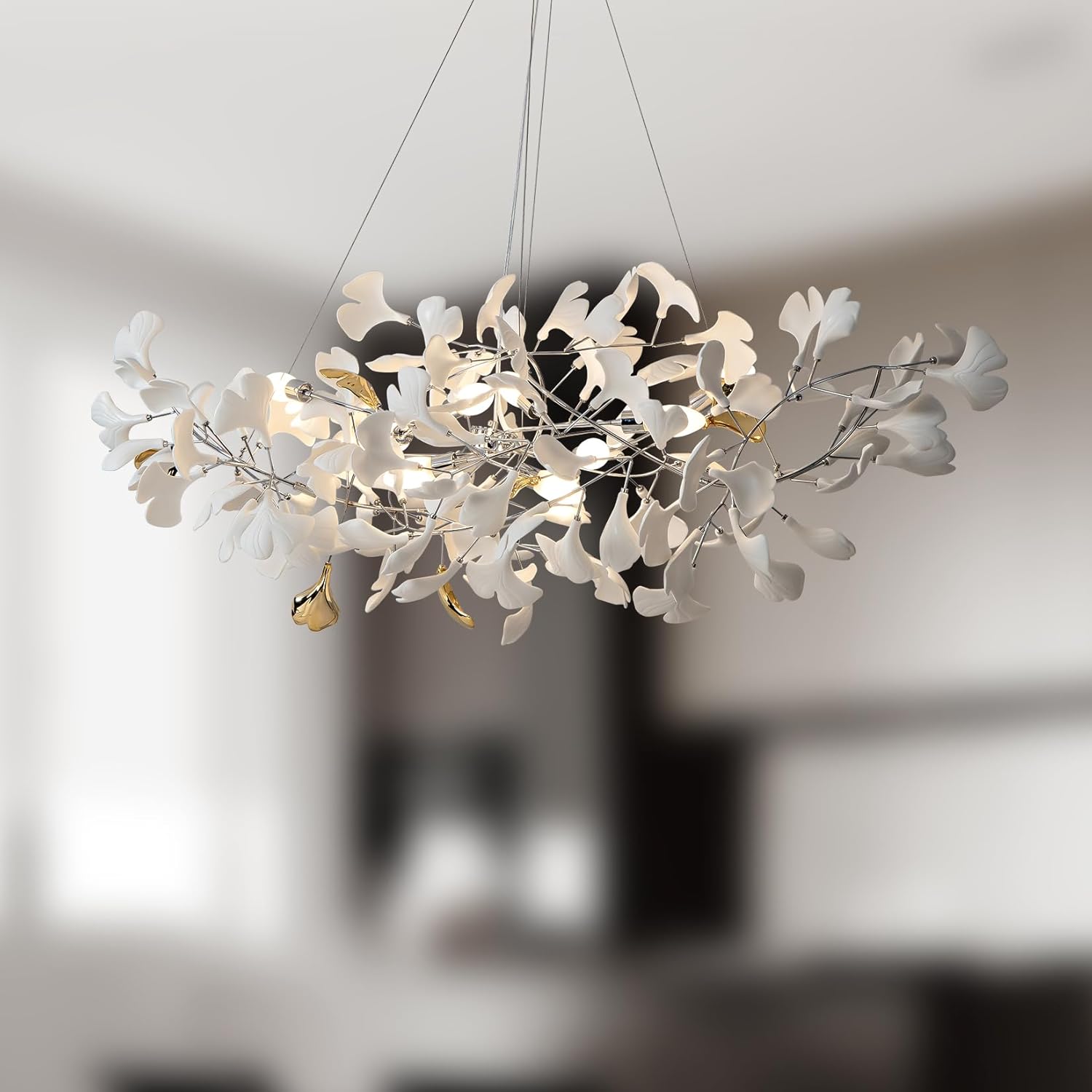 Silver Ginkgo Leaf Branch Chandelier – 59" Modern Brass Light - Silver59INCHBlushlighting