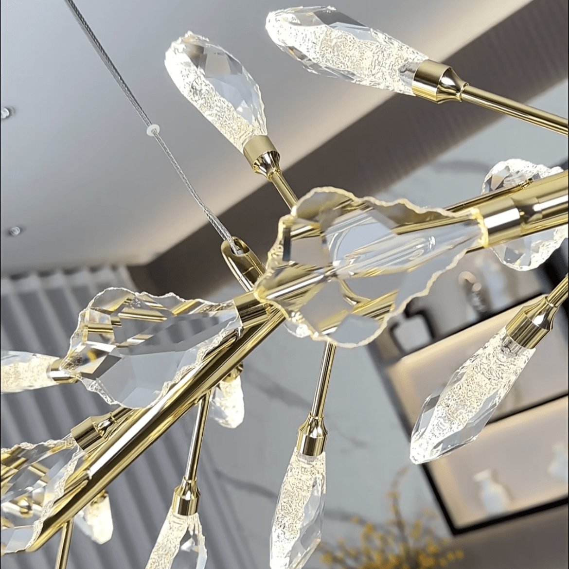 Sleek Modern Branch Crystal Leaves Linear Chandelier for Kitchen Island and Dining Room - L39.4"(L100cm)Warm LightBlushlighting