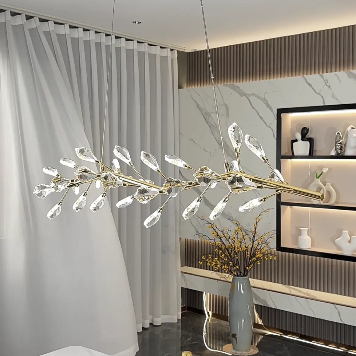 Sleek Modern Branch Crystal Leaves Linear Chandelier for Kitchen Island and Dining Room-Chandeliers-Blushlighting