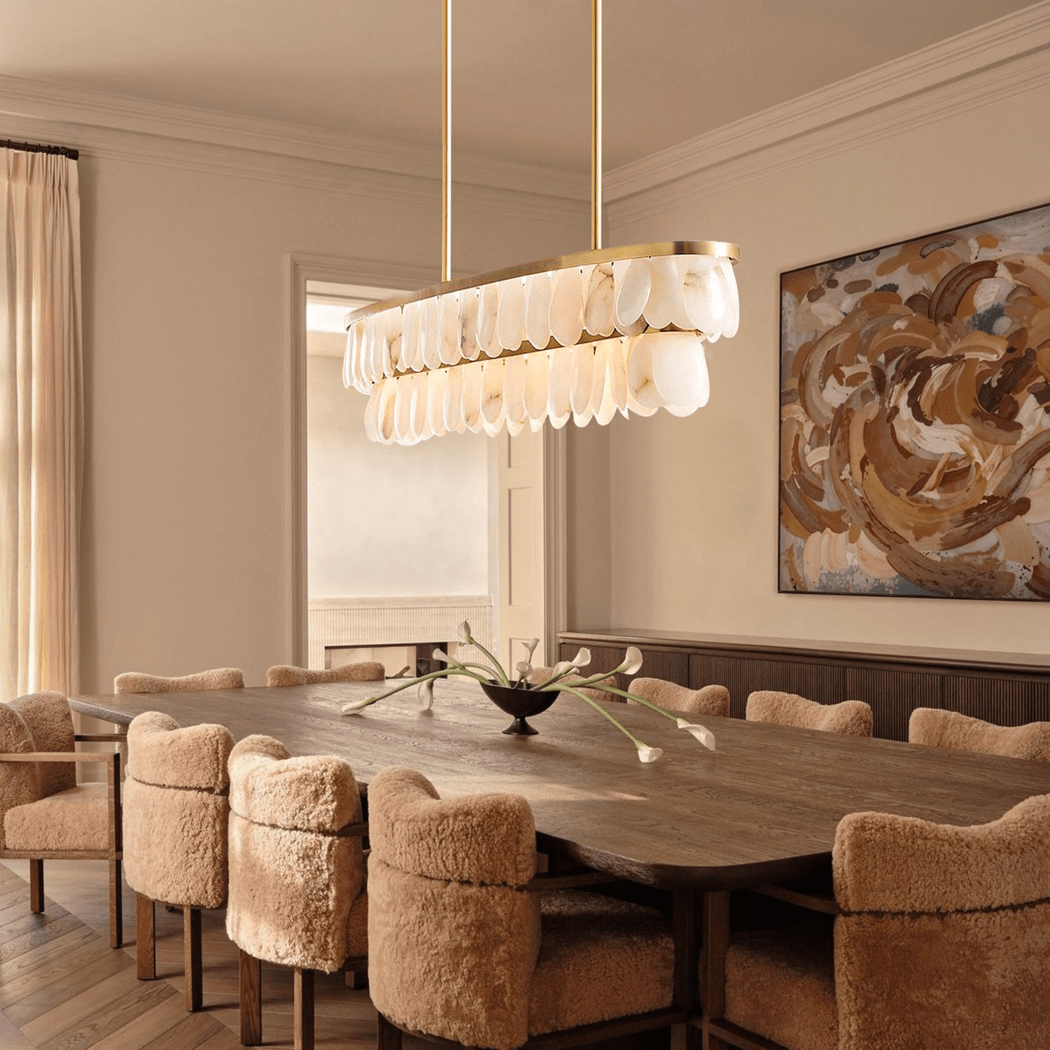 Solene Alabaster Linear Chandelier 45" - BrassBlushlighting