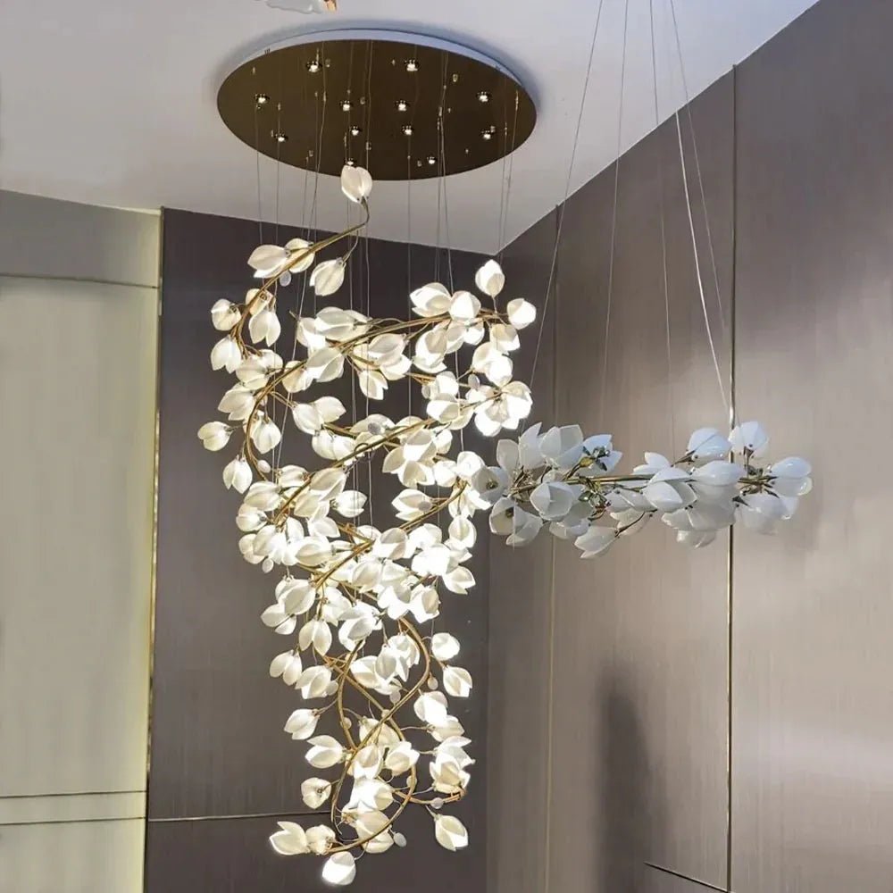 Spiral Pure White Magnolia Chandelier with Golden Branches for Staircase/High - ceiling Space/Foyer/ Duplex - D31.5"*H70.9"/57.9KgWarm LightBlushlighting