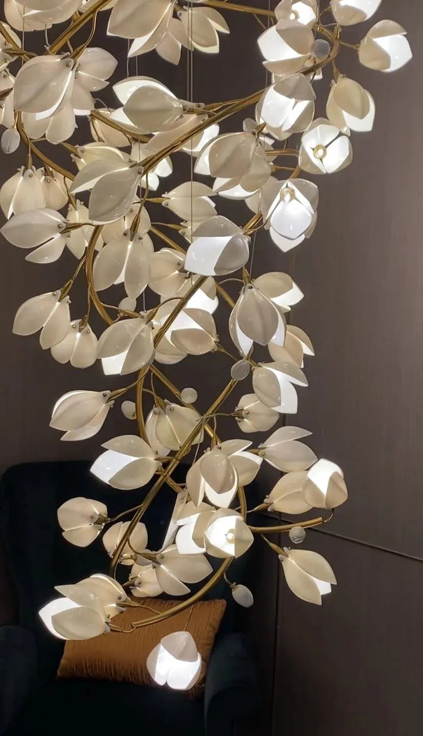 Spiral Pure White Magnolia Chandelier with Golden Branches for Staircase/High - ceiling Space/Foyer/ Duplex - D31.5"*H70.9"/57.9KgWarm LightBlushlighting
