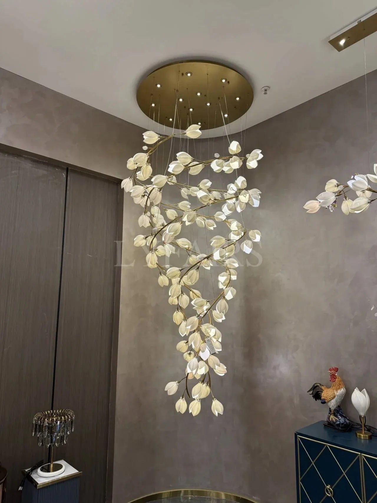 Spiral Pure White Magnolia Chandelier with Golden Branches for Staircase/High - ceiling Space/Foyer/ Duplex - D31.5"*H70.9"/57.9KgWarm LightBlushlighting