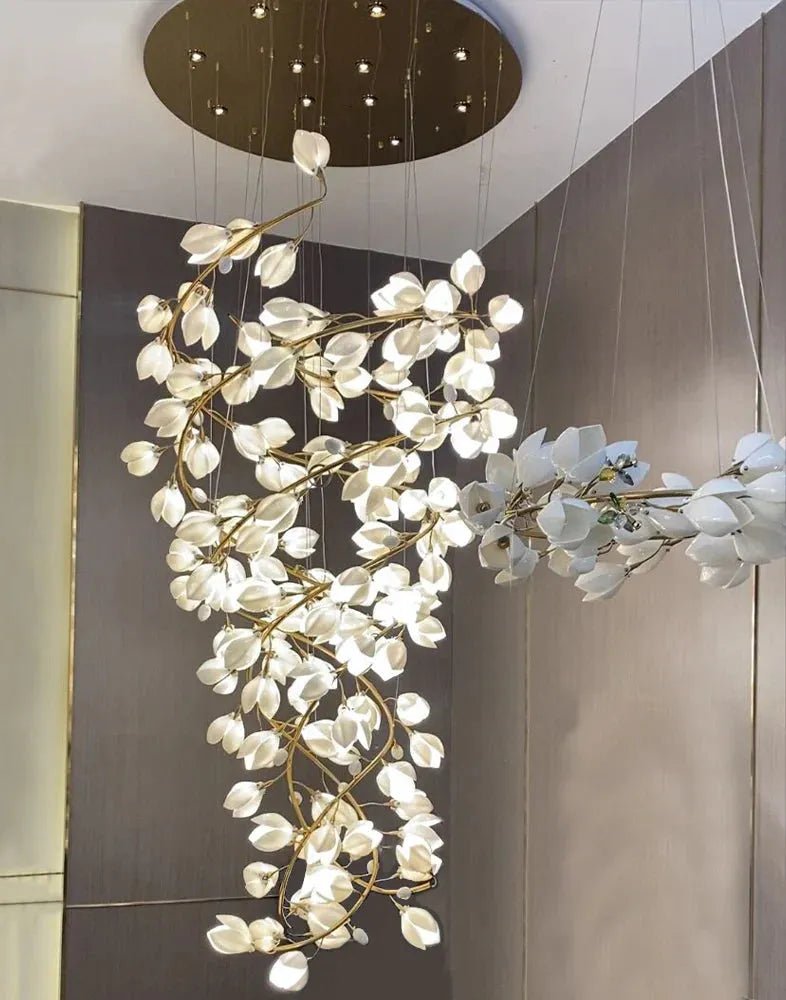 Spiral Pure White Magnolia Chandelier with Golden Branches for Staircase/High - ceiling Space/Foyer/ Duplex - D31.5"*H70.9"/57.9KgWarm LightBlushlighting