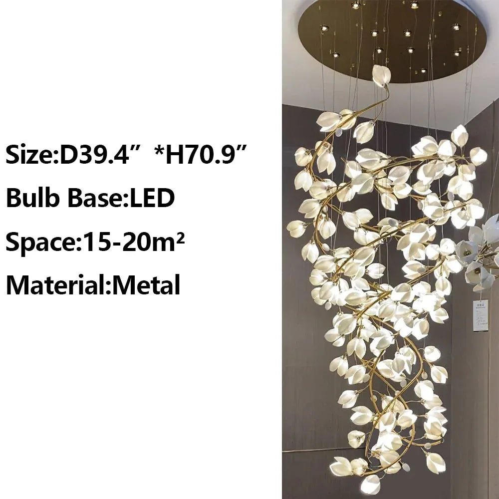 Spiral Pure White Magnolia Chandelier with Golden Branches for Staircase/High - ceiling Space/Foyer/ Duplex - D31.5"*H70.9"/57.9KgWarm LightBlushlighting