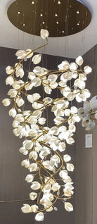 Spiral Pure White Magnolia Chandelier with Golden Branches for Staircase/High - ceiling Space/Foyer/ Duplex - D31.5"*H70.9"/57.9KgWarm LightBlushlighting