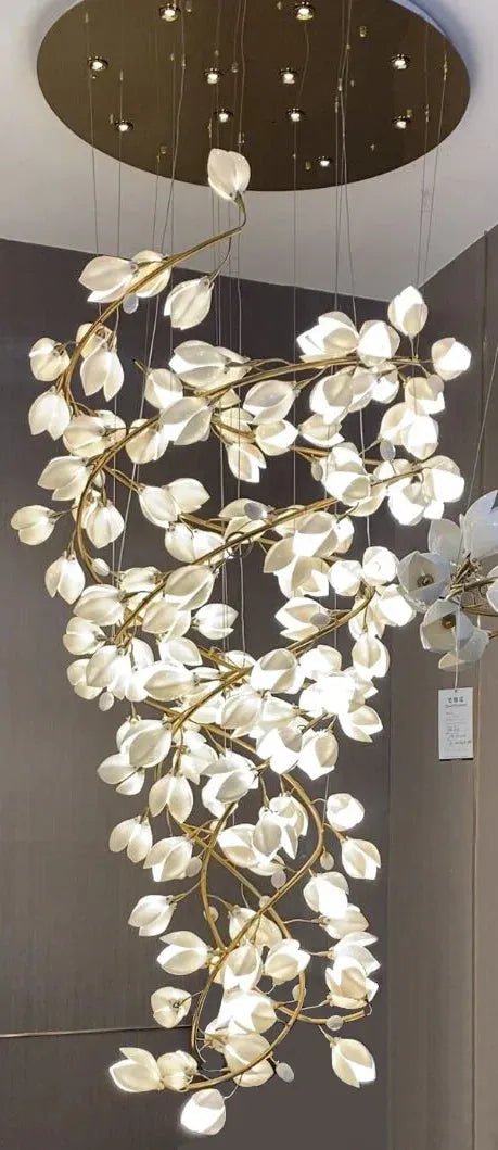 Spiral Pure White Magnolia Chandelier with Golden Branches for Staircase/High - ceiling Space/Foyer/ Duplex - D31.5"*H70.9"/57.9KgWarm LightBlushlighting