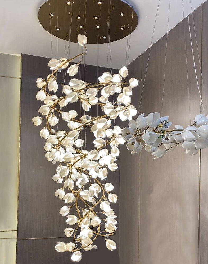 Spiral Pure White Magnolia Chandelier with Golden Branches for Staircase/High - ceiling Space/Foyer/ Duplex - D31.5"*H70.9"/36.9KgWarm LightBlushlighting