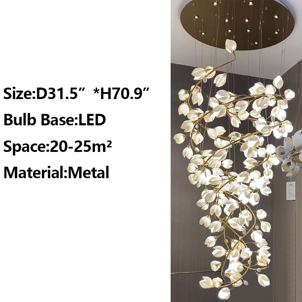 Spiral Pure White Magnolia Chandelier with Golden Branches for Staircase/High-ceiling Space/Foyer/ Duplex-Chandeliers-Blushlighting