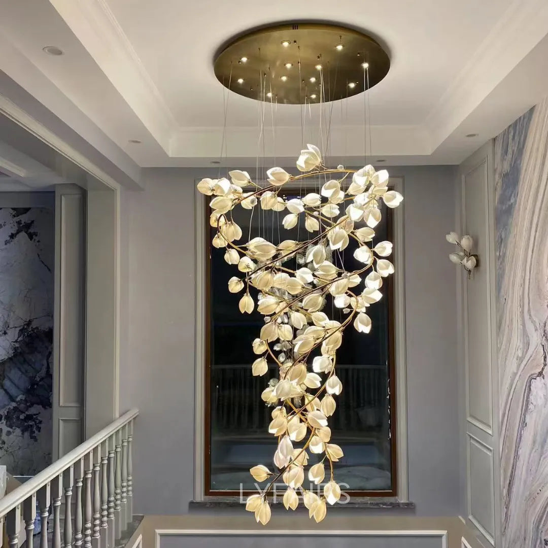 Spiral Pure White Magnolia Chandelier with Golden Branches for Staircase/High-ceiling Space/Foyer/ Duplex-Chandeliers-Blushlighting