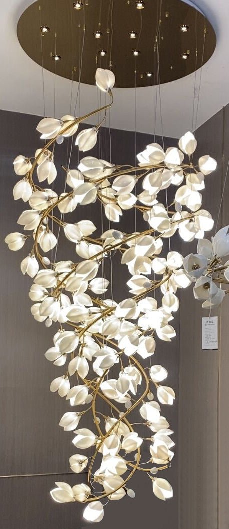 Spiral Pure White Magnolia Chandelier with Golden Branches for Staircase/High - ceiling Space/Foyer/ Duplex - D31.5"*H70.9"/36.9KgWarm LightBlushlighting