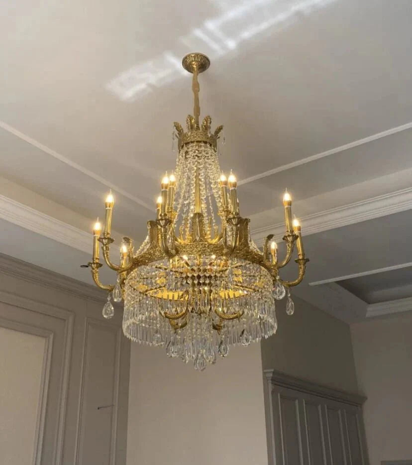 Stunning Oversized Luxury Golden Metal Candle Crystal Tassel Chandelier For High - ceiling - Blushlighting