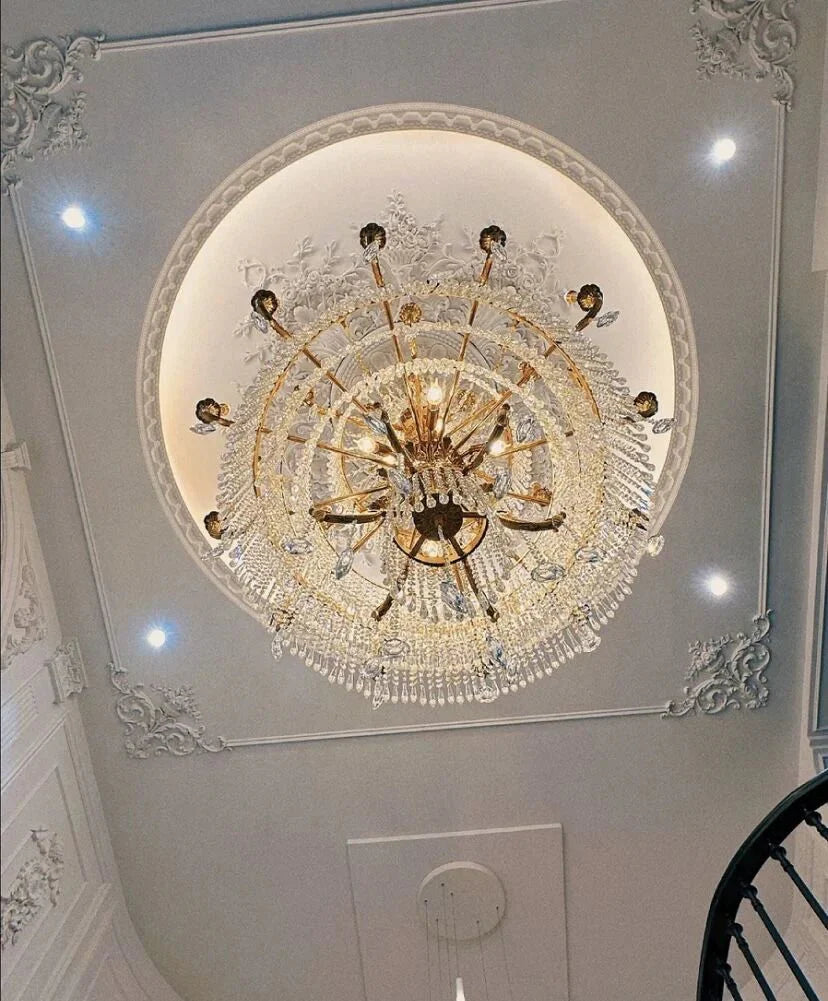 Stunning Oversized Luxury Golden Metal Candle Crystal Tassel Chandelier For High - ceiling - Blushlighting