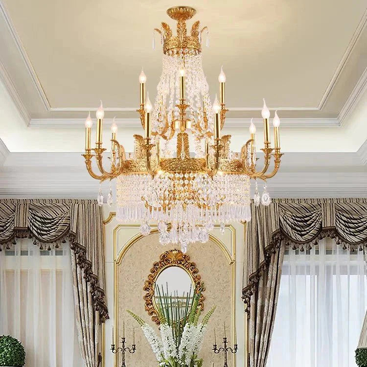 Stunning Oversized Luxury Golden Metal Candle Crystal Tassel Chandelier For High - ceiling - Blushlighting