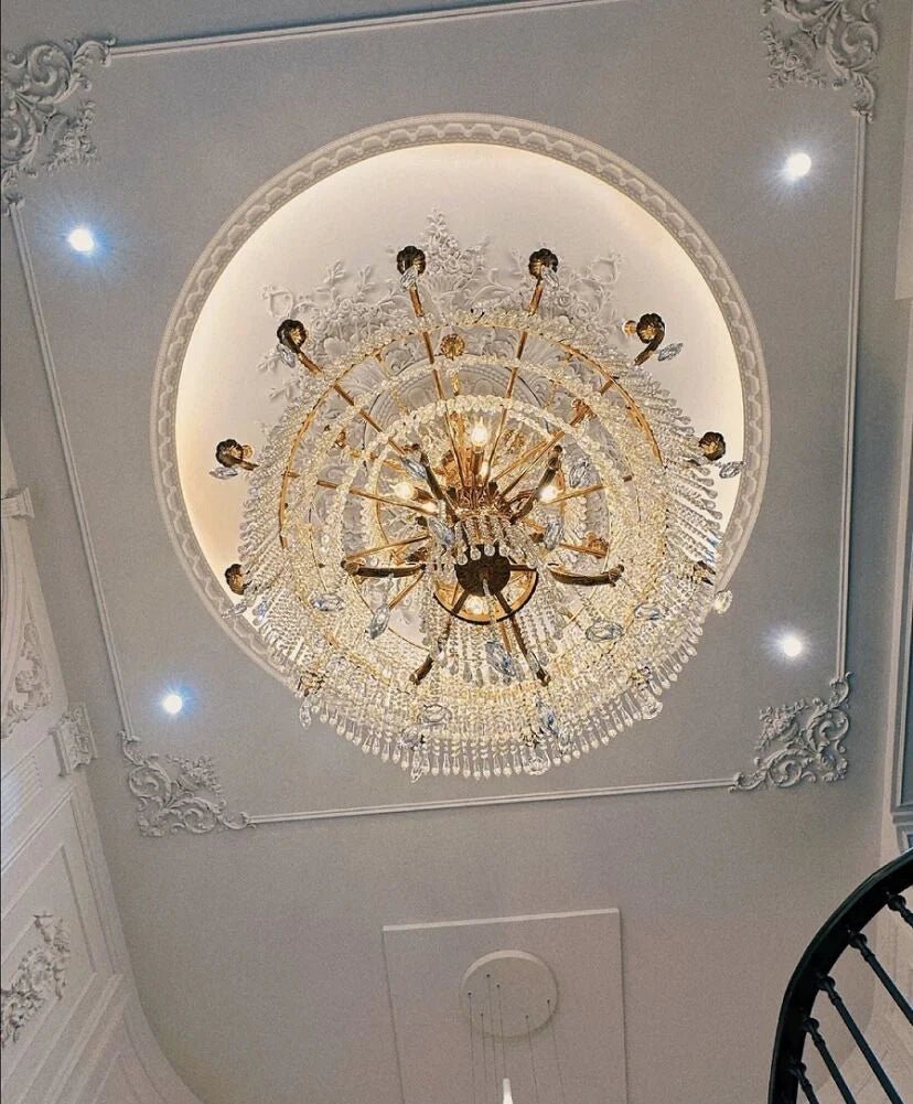 Stunning Oversized Luxury Golden Metal Candle Crystal Tassel Chandelier For High - ceiling - Blushlighting