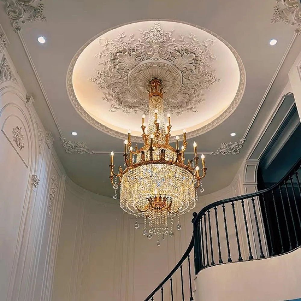 Stunning Oversized Luxury Golden Metal Candle Crystal Tassel Chandelier For High - ceiling - Blushlighting