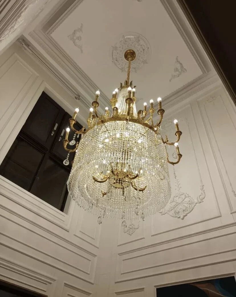 Stunning Oversized Luxury Golden Metal Candle Crystal Tassel Chandelier For High - ceiling - Blushlighting