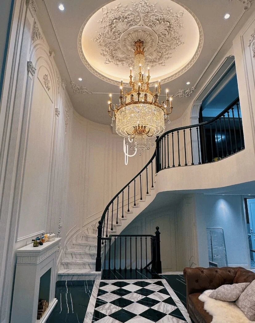 Stunning Oversized Luxury Golden Metal Candle Crystal Tassel Chandelier For High - ceiling - Blushlighting