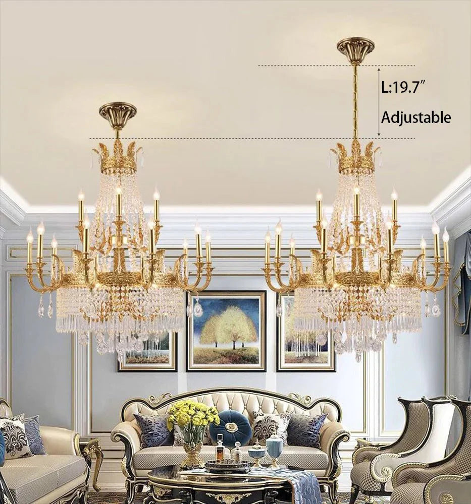 Stunning Oversized Luxury Golden Metal Candle Crystal Tassel Chandelier For High - ceiling - Blushlighting