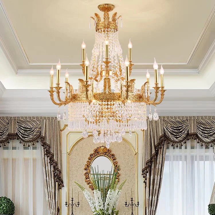 Stunning Oversized Luxury Golden Metal Candle Crystal Tassel Chandelier For High - ceiling - Blushlighting