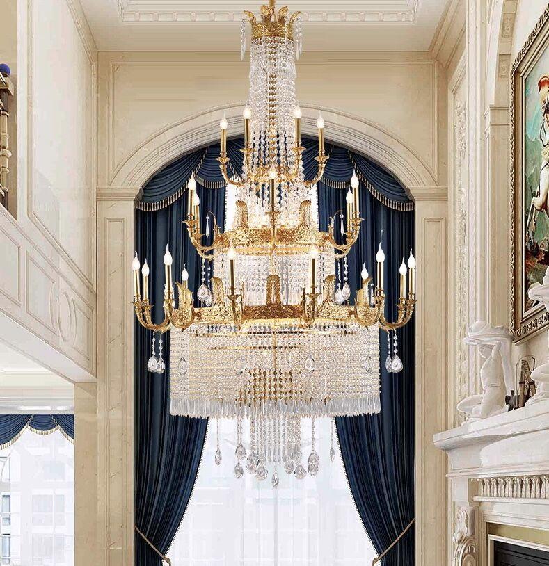 Stunning Oversized Luxury Golden Metal Candle Crystal Tassel Chandelier For High - ceiling - Blushlighting