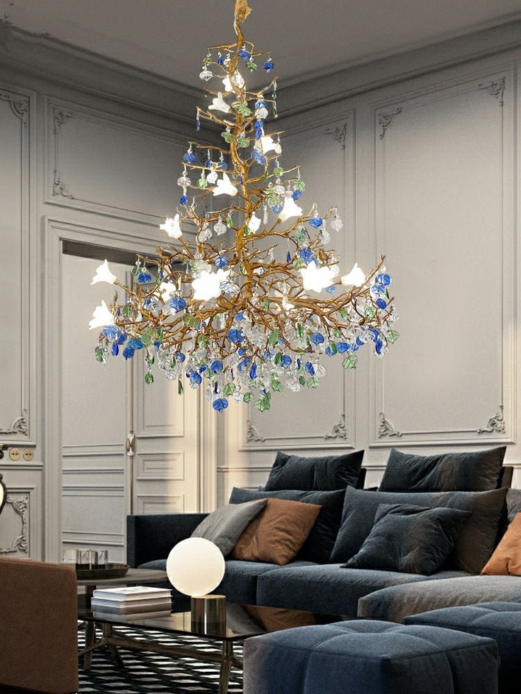 Stylish Colored Glaze Flower Crystal Chandelier Brass Tree Branch Ceiling Light For Living Room Hotel Hall - D35.4"*H43.3"/51kgWarm LightBlushlighting
