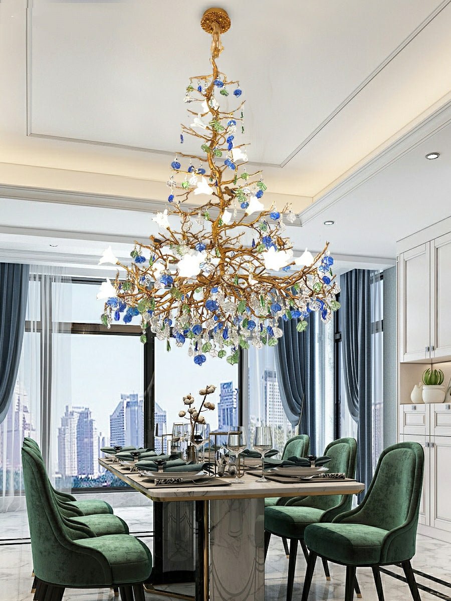 Stylish Colored Glaze Flower Crystal Chandelier Brass Tree Branch Ceiling Light For Living Room Hotel Hall - D35.4"*H43.3"/51kgWarm LightBlushlighting