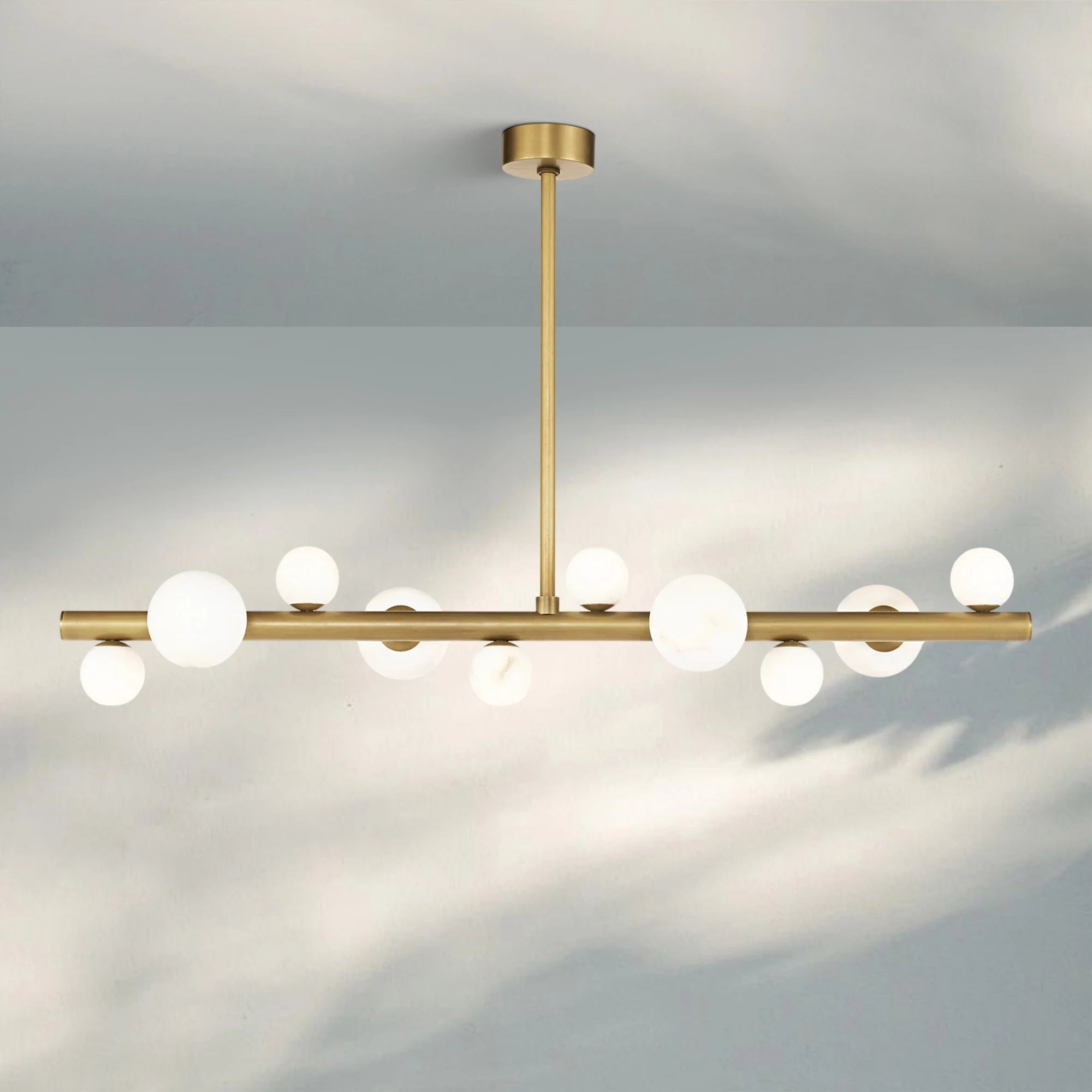 Stylox Linear Alabaster Ball Chandelier-chandeliers for dining room,chandeliers for stairways,chandeliers for foyer,chandeliers for bedrooms,chandeliers for kitchen,chandeliers for living room-Lacquered Burnished Brass-Blushlighting