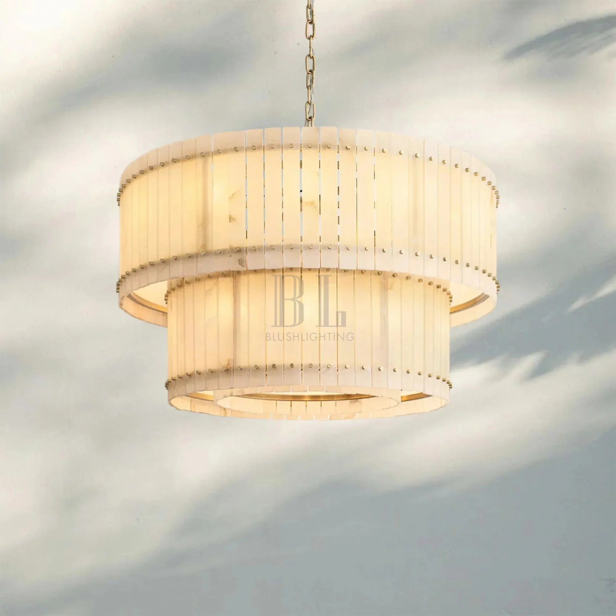 Sun Marco Alabaster Round Tiered Chandelier-48"-Brass-