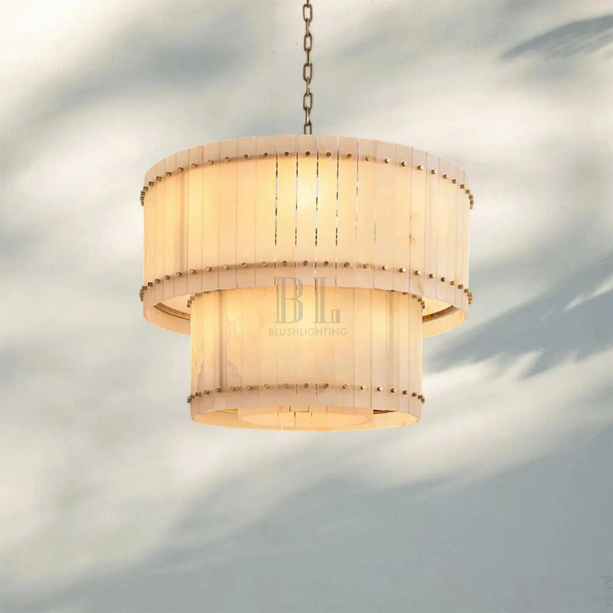 Sun Marco Alabaster Round Tiered Chandelier-37"-Brass-