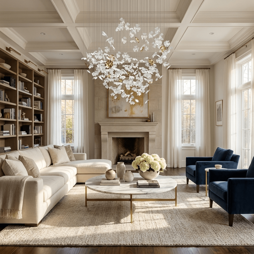 Sylvara Ceramic Blossom Chandelier - Dia 23.6″ × H 39.4″Gold & WhiteWarm LightBlushlighting