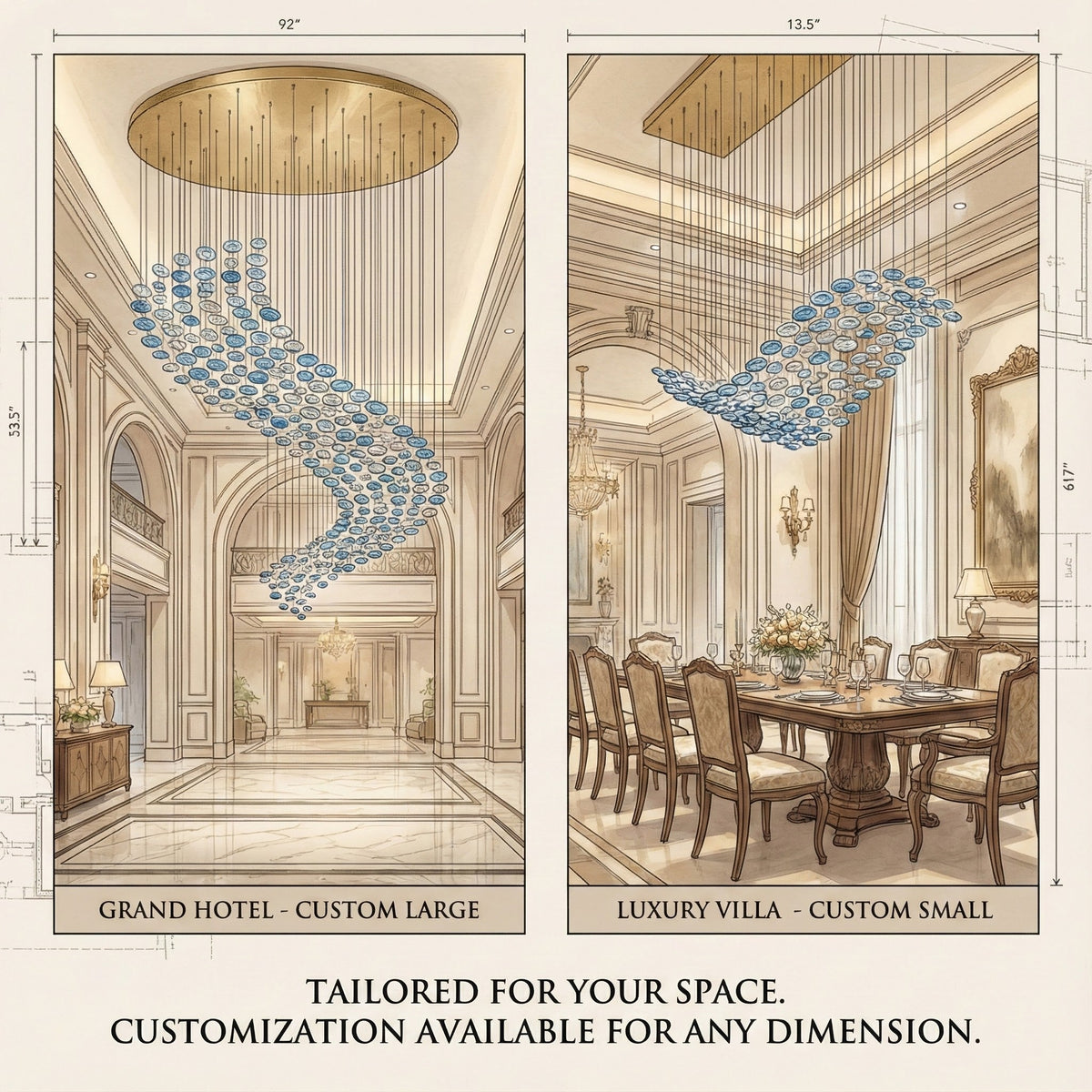 The Flying Surge LED Chandelier | Custom Size & Made-to-Order Lighting for Luxury Homes & Commercial Spaces - L 98.4" x W 47.2" x H 78.7" / L 250 x W 120cm x H 200cmBlue & GreyWarm LightBlushlighting