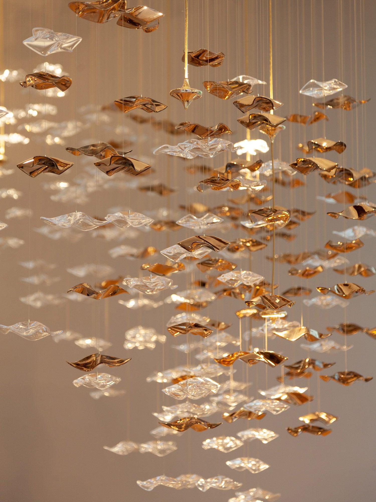 Tidal Art Glass Chandelier (With Canopy) - ∅ 58.3″ x H 118.1″Clear & GoldWarm LightBlushlighting