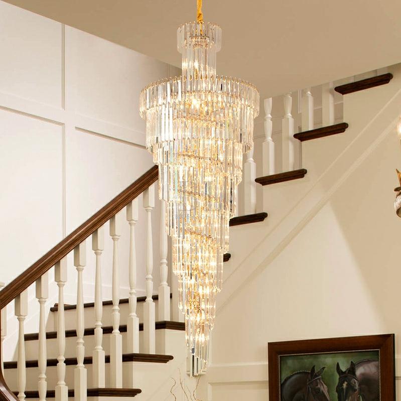 Tiered Foyer Staircase Spiral Crystal Chandelier Hotel Hall/ Entrance High Ceiling Pendant Lighting Fixture - D27.6"*H82.7"Blushlighting