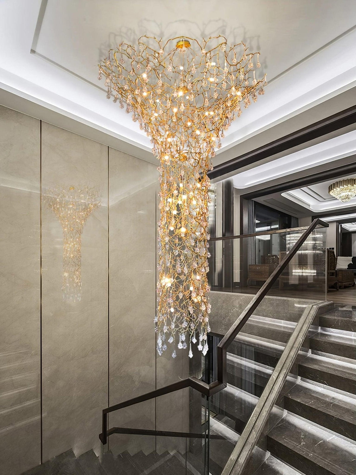 Tree Branch Staircase Chandelier - ∅ 59″ x H 141.7″ / Dia 150cm x H 360cmBrasssuitable for spaces over 12 feet（Weight over 300 lbs ）Blushlighting