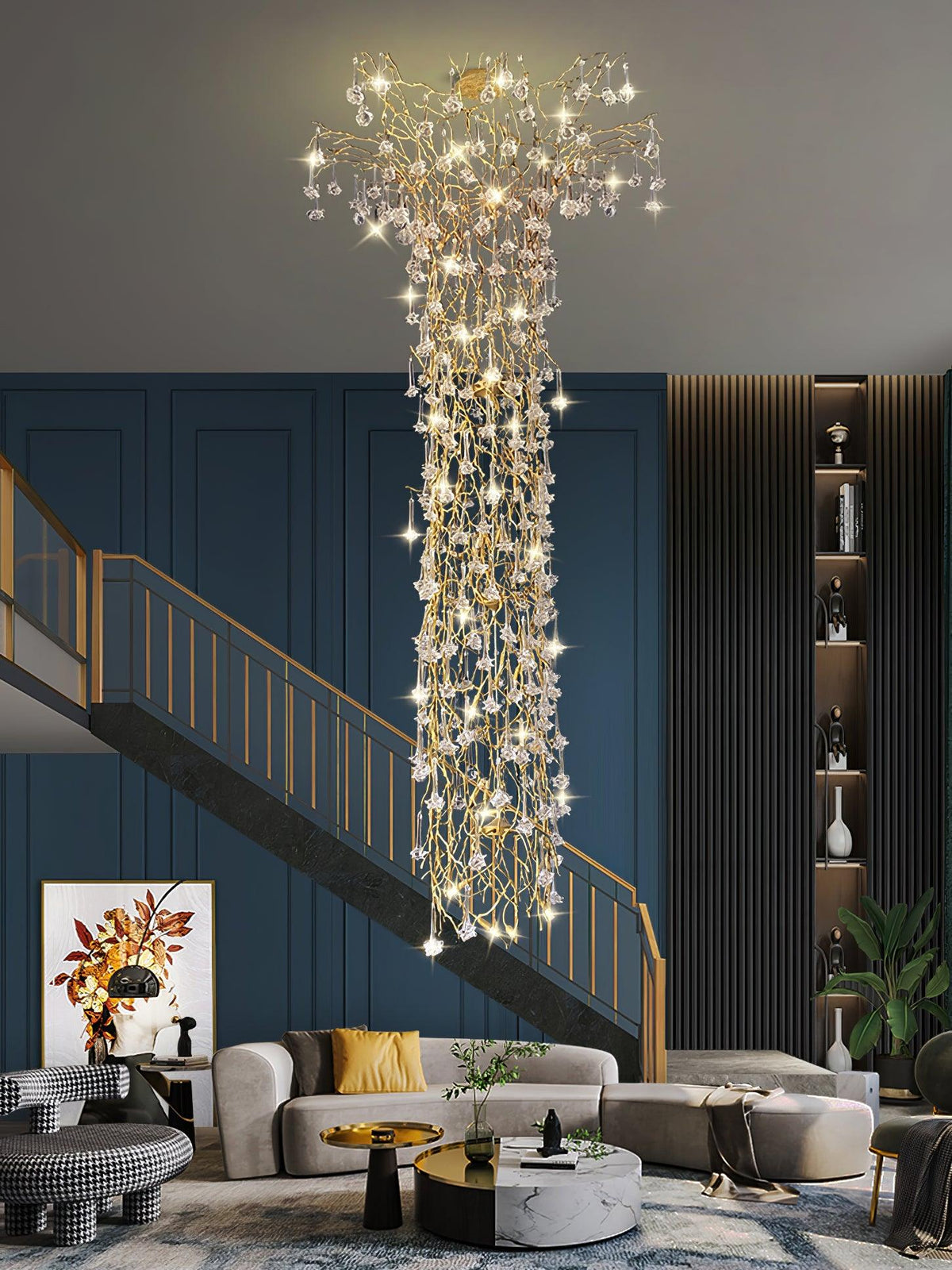 Tree Branch Staircase Chandelier - ∅ 59″ x H 141.7″ / Dia 150cm x H 360cmBrasssuitable for spaces over 12 feet（Weight over 300 lbs ）Blushlighting