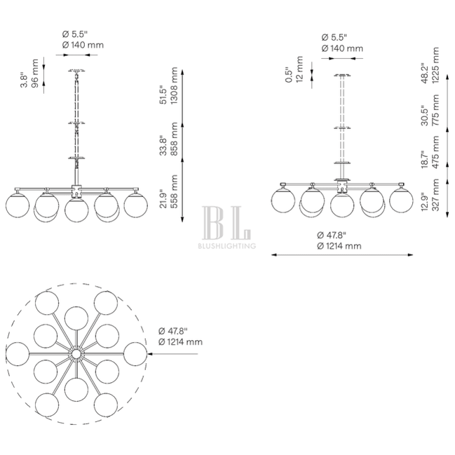 Umbrina Round Chandelier - Black GunmetalDries RibbonBlushlighting