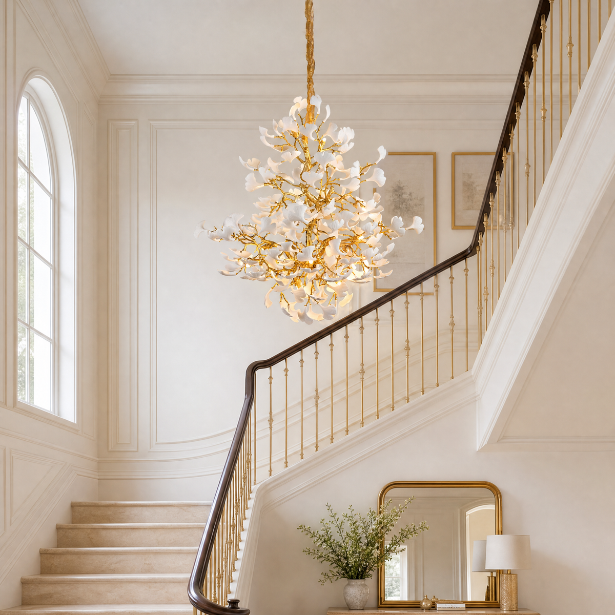 Moon Ring Ceramic Ginkgo Leaf Staircase Chandelier D1200 - Gold - view 4