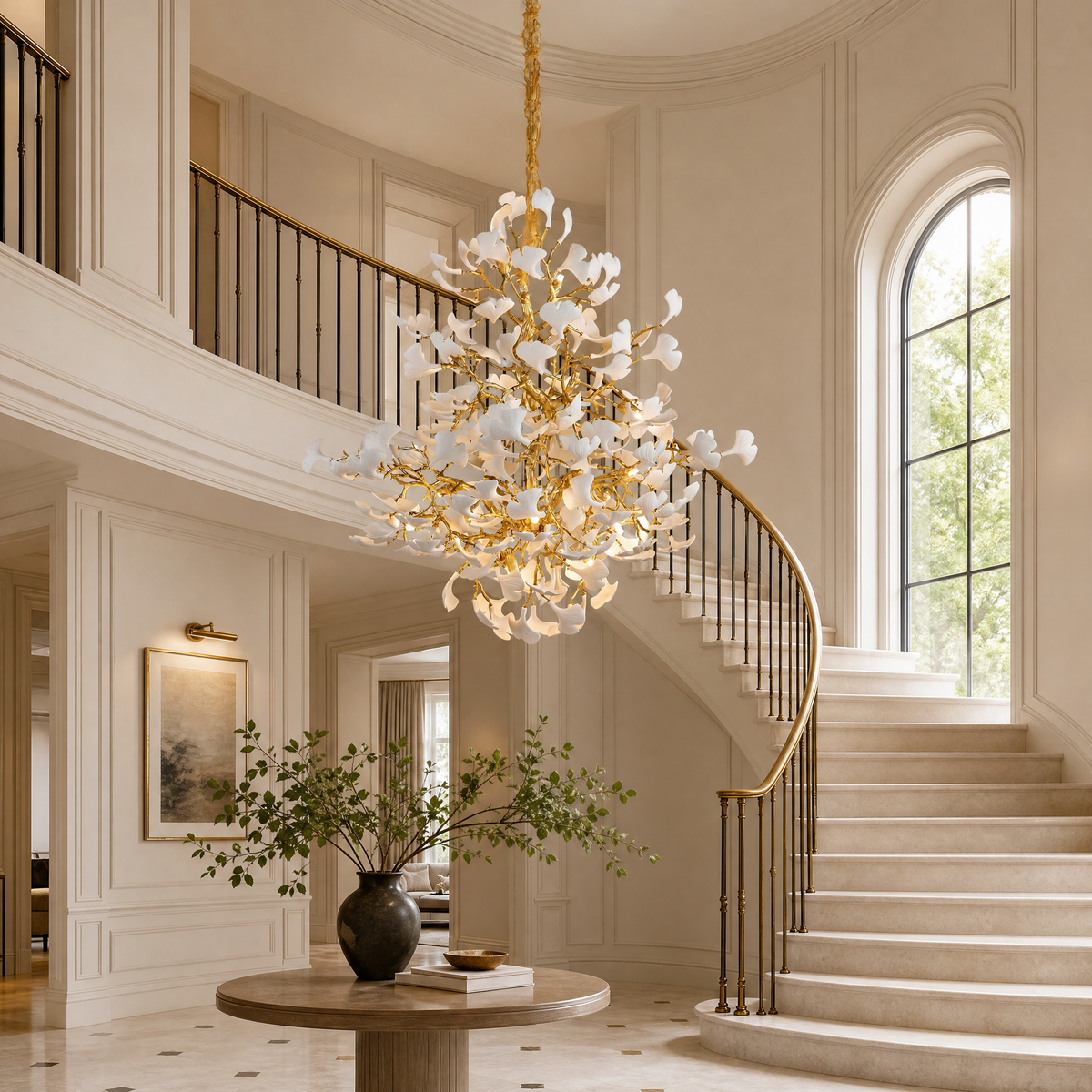 Moon Ring Ceramic Ginkgo Leaf Staircase Chandelier D1200 - Gold - view 5