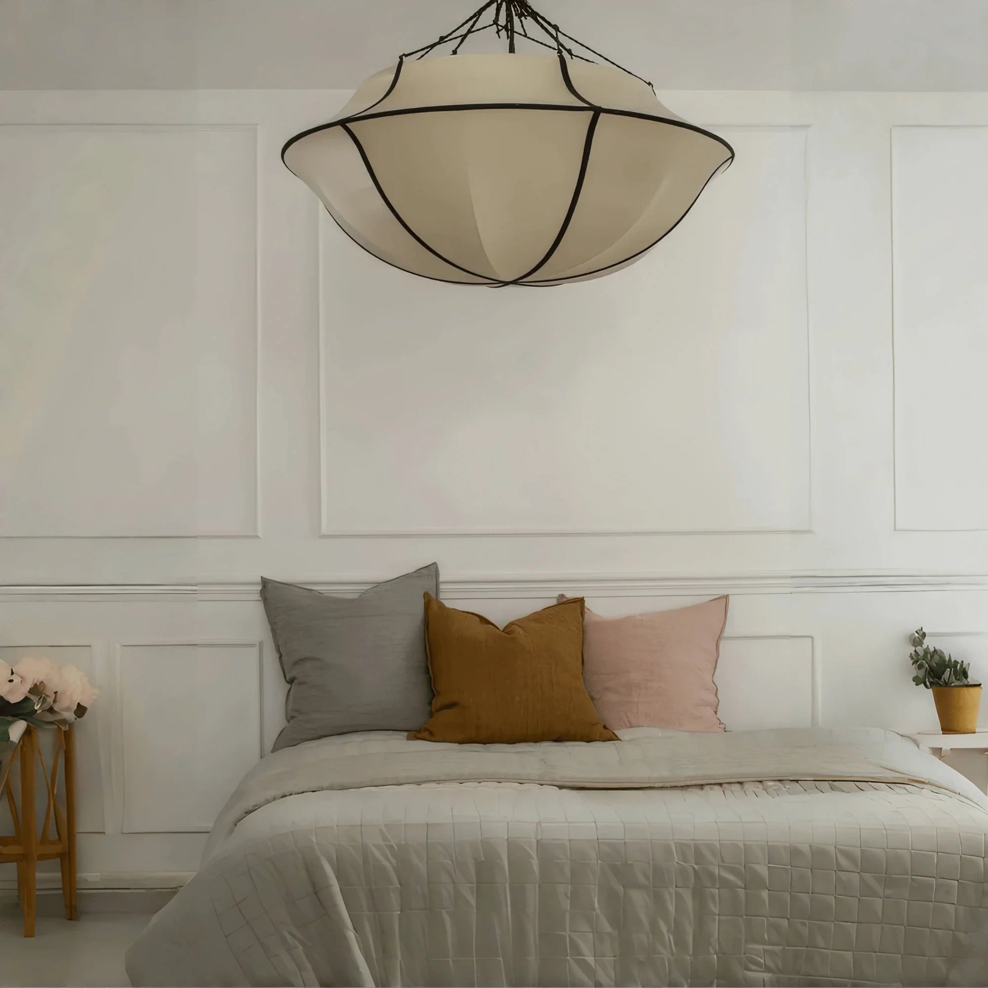 Vintage French Style Cream White Silk Umbrella Chandelier - D19.5''*H13.65''Black EdgeWarm LightBlushlighting