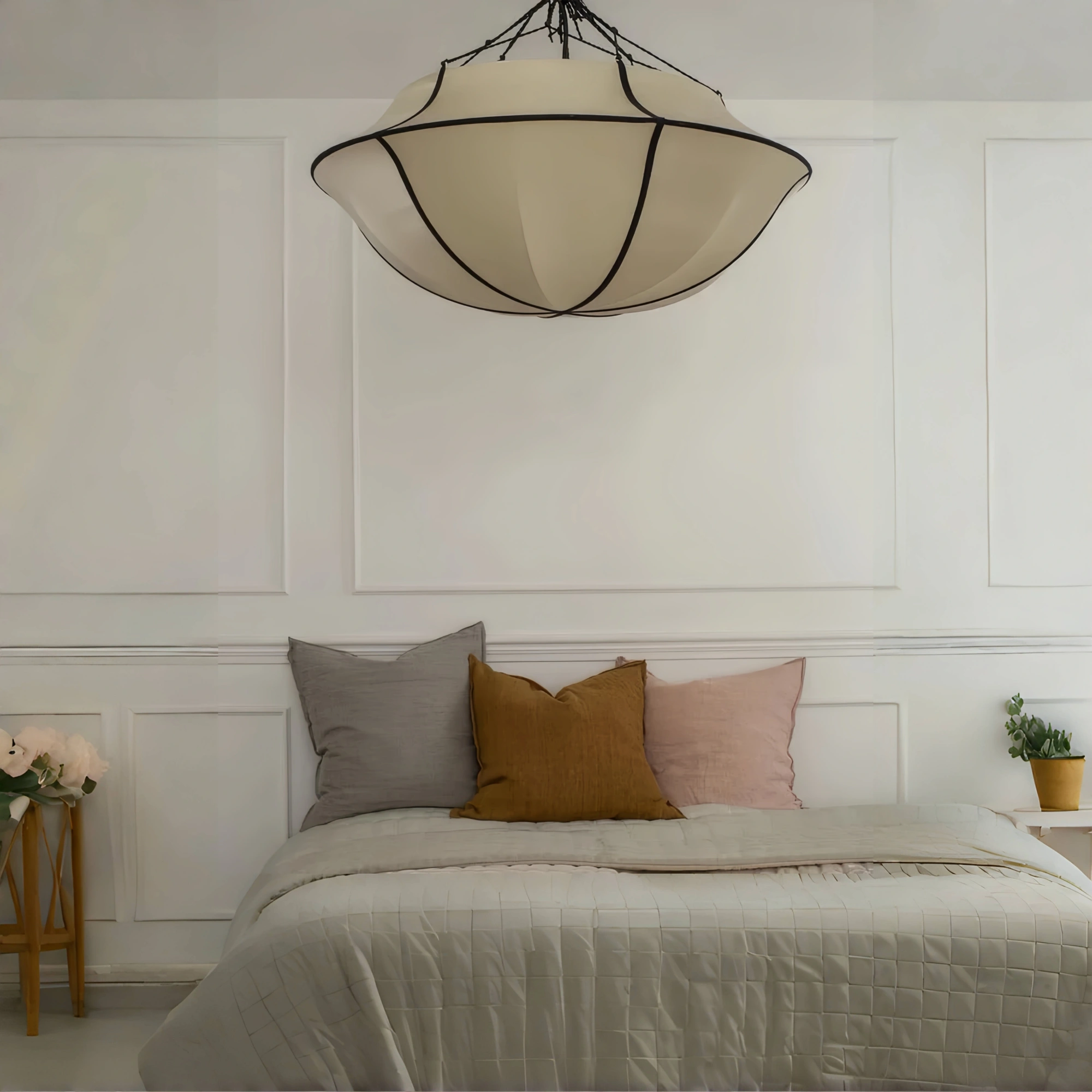 Vintage French Style Cream White Silk Umbrella Chandelier-