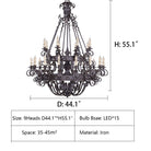 Vintage Iron Simple Candle Art Chandelier for Living Room / Villa / Stairs - 15 Lights: D44.1"*H55.1"Warm LightBlackBlushlighting
