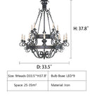 Vintage Iron Simple Candle Art Chandelier for Living Room / Villa / Stairs - 9 Lights: D33.5"*H37.8"Warm LightBlackBlushlighting