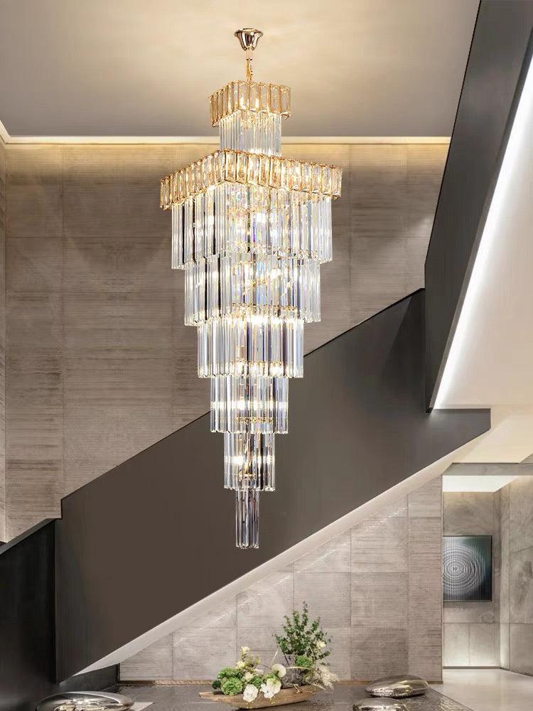 Decorative Large Vertical Crystal Staircase Chandelier Foyer Ceiling Light Fixture Lamp In Gray/ Amber Brim