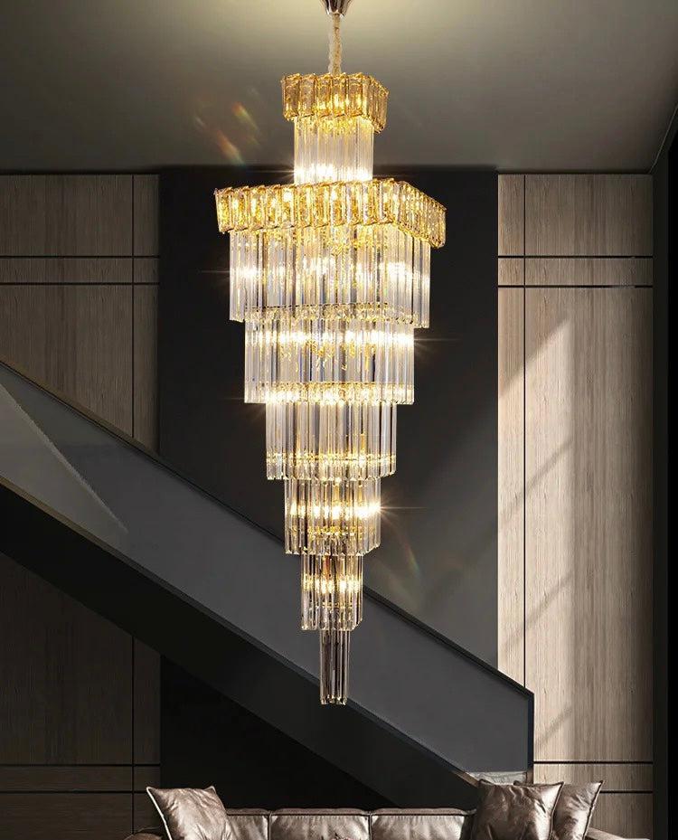 Decorative Large Vertical Crystal Staircase Chandelier Foyer Ceiling Light Fixture Lamp In Gray/ Amber Brim