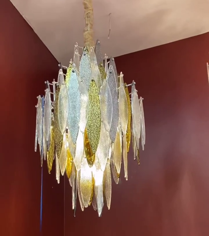 Modern Tiered Glass Maple Leaf Branch Chandelier for Living Room Dining Room and Bedroom