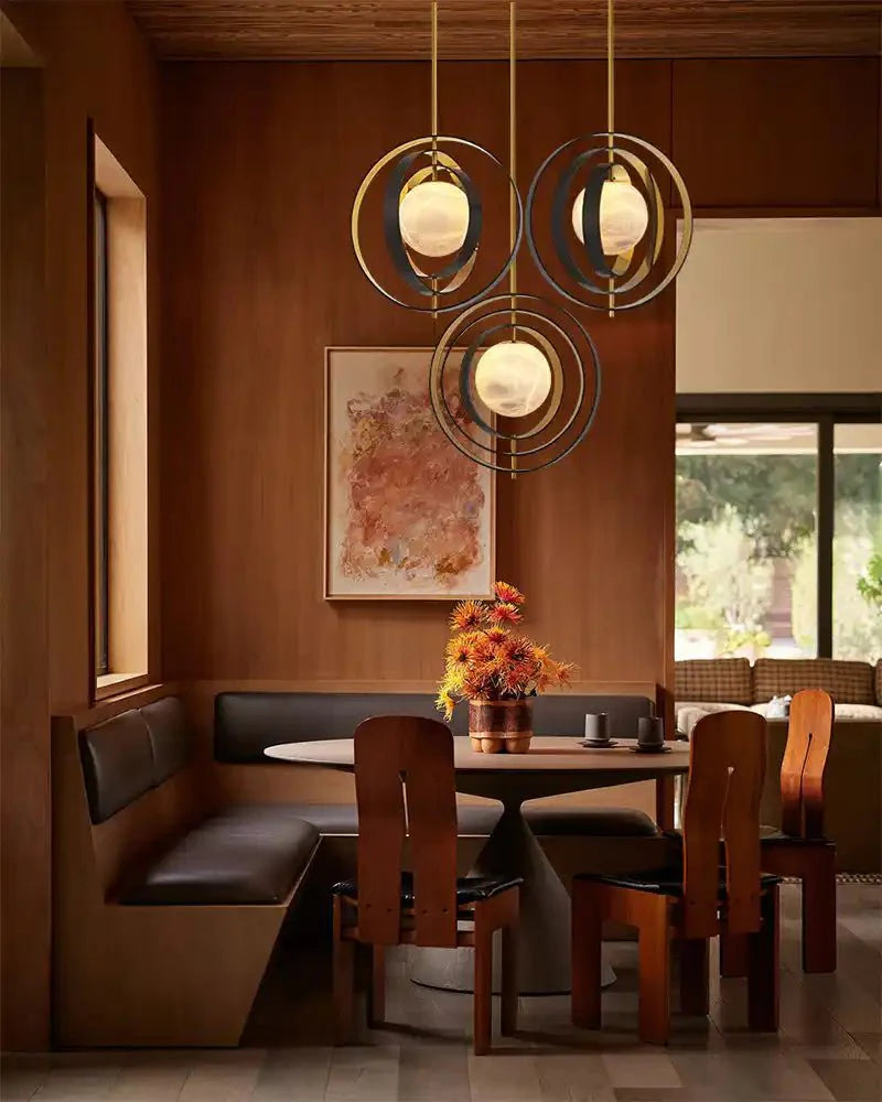 White Alabaster Round Ceiling Pendant Lamp - Gold & Bronze Rotatable Ring - Blushlighting