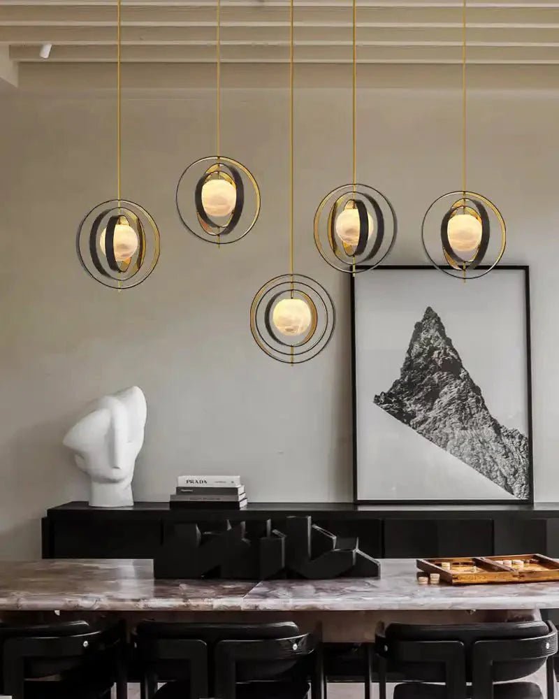 White Alabaster Round Ceiling Pendant Lamp - Gold & Bronze Rotatable Ring - 7 light - L70*W57*H71CM/L28"*W23"*H28" - SquareBlushlighting