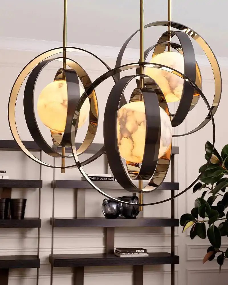 White Alabaster Round Ceiling Pendant Lamp - Gold & Bronze Rotatable Ring - 7 light - L70*W57*H71CM/L28"*W23"*H28" - SquareBlushlighting